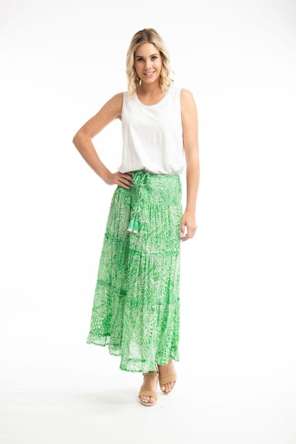 Orientique: green and white print skirt