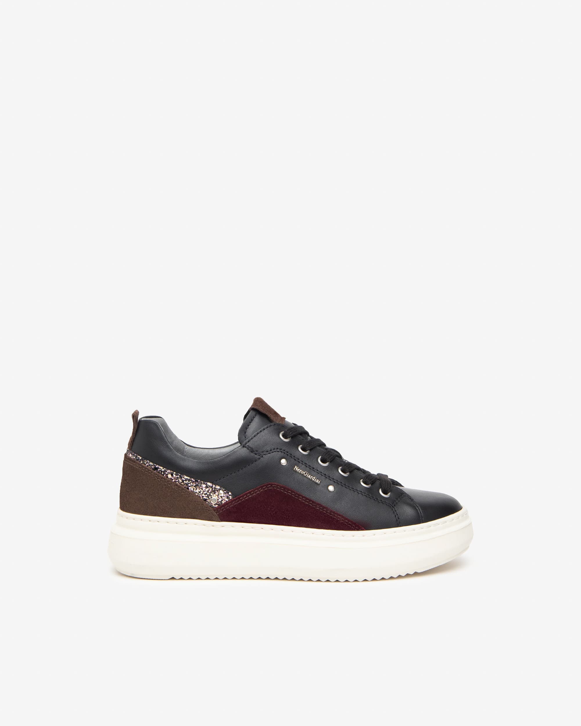 NeroGiardini Black leather and burgundy suede trainer Shoes at Last