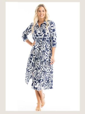 Orientique: navy and white cotton long sleeve dress