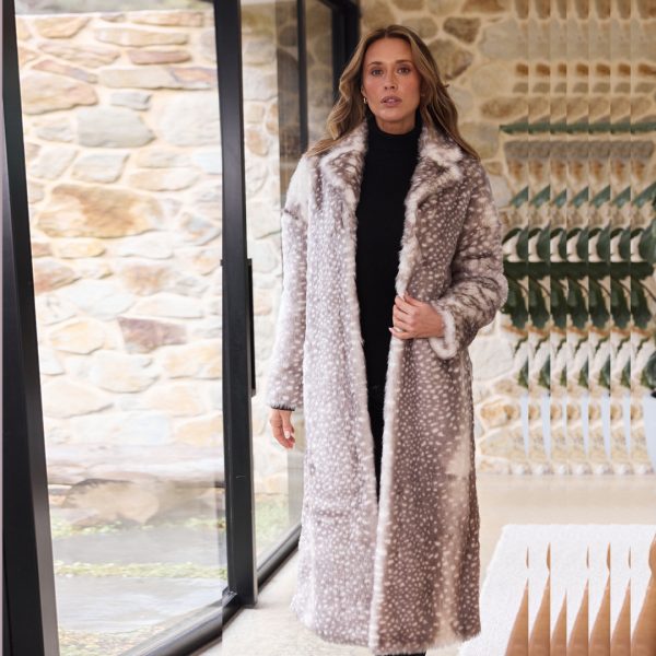 brave + true: faux fur white and taupe coat
