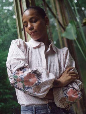 mos mosh pale pink stripe blouse with embroidered sleeves