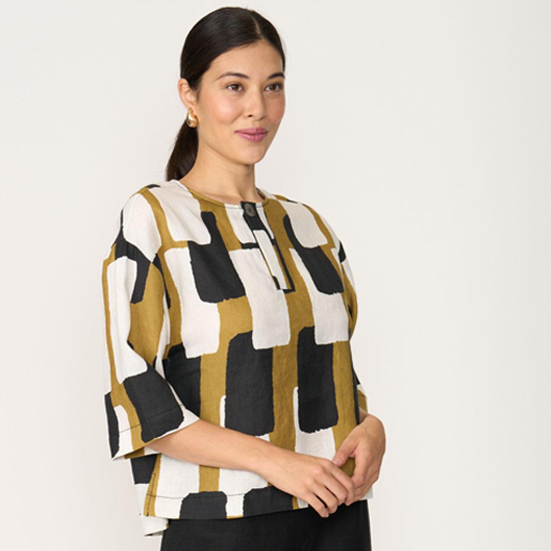 Foil: black, white and chartreuse linen top Foil: black, white and chartreuse linen top