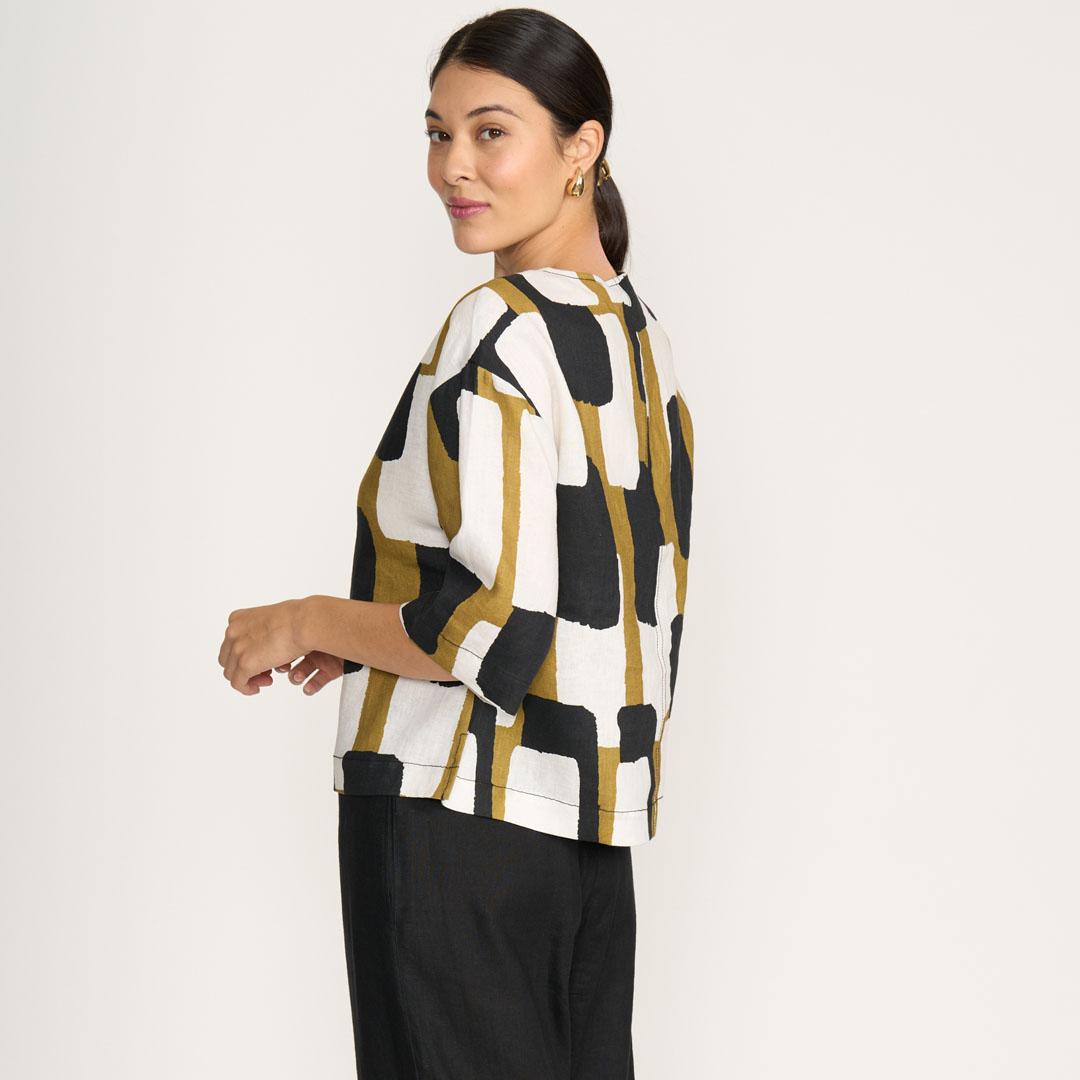 Foil: black, white and chartreuse linen top Foil: black, white and chartreuse linen top