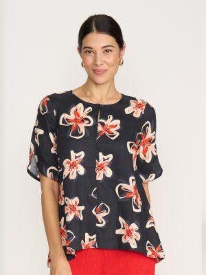 Foil: black linen print dress