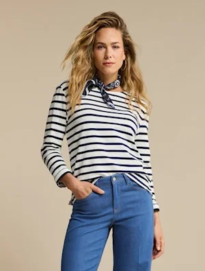 Red Button: navy and white stripe top with pretty neck scarf