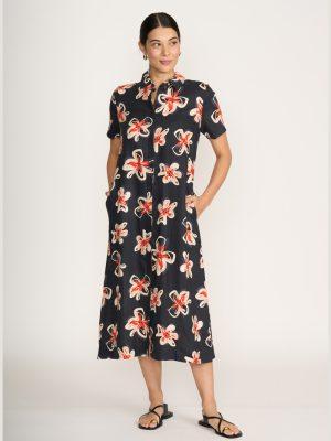 Foil: black linen print dress