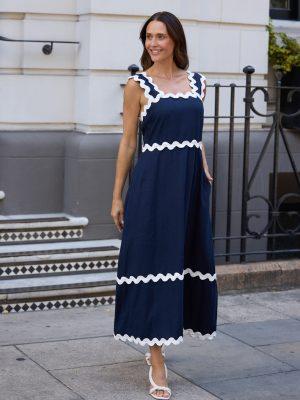 Brave and True: navy and white cotton, linen mix dress