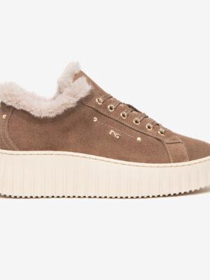 Nerogiardini: taupe suede faux fur trim shoeboot